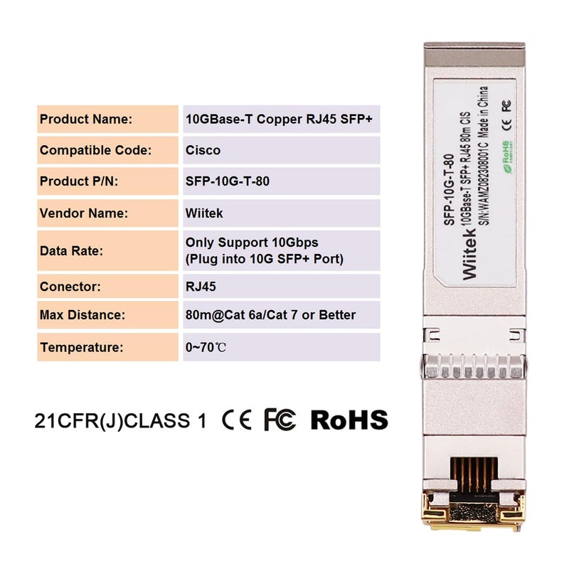 Wiitek 80 متر، وحدات SFP+ إلى RJ45 بسرعة 10Gbps، محول Ethernet RJ45 إلى SFP+ بسرعة 2.5G/5G/10GBase-T، متوافق مع Cisco SFP-10G-T-X، Ubiquiti، Netgear، Mikrotik، Unifi والمزيد - Image 3